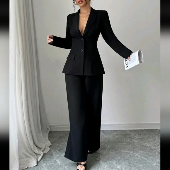 2pcs Women's Elegant Commuting Outfit: Straight Shoulder Long Sleeve - Picture 2 of 4